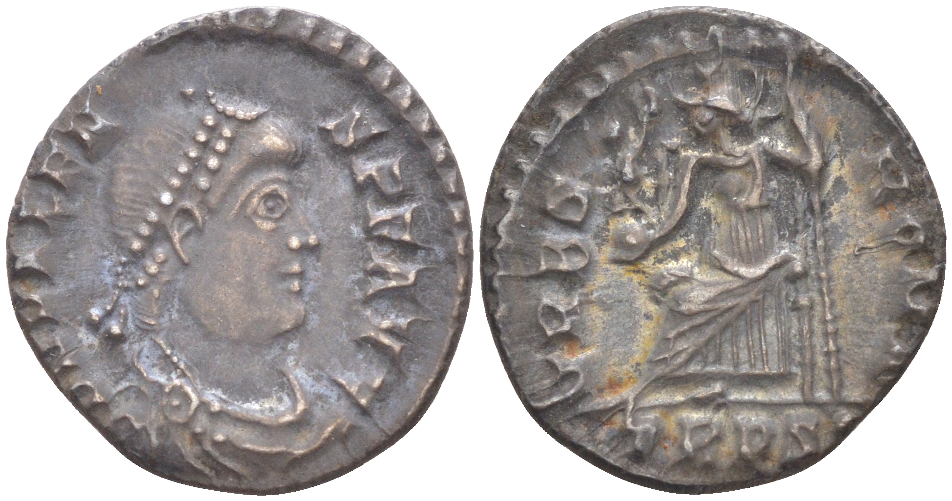 Римская Империя аргентей ('силиква') 367 - 375 Валент, бюст императора, D N VALENS P F AVG / Рома, VRBS ROMA, Августа Треверов (из немецкой коллекции 1-й половины XX века, с владельческим конвертом) RIC 27e.1 серебро 1073-14-105