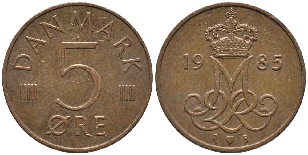 ДАНИЯ 5 ЭРЕ 1985 R; B, МАРГРЕТЕ II (1972-) KM 859.3 железо плакированное медью 116-168