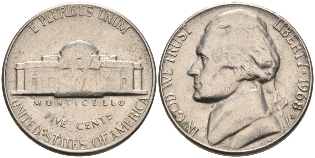 США 5 центов 1968 D, Джефферсон KM А192 медно-никель 92-1141