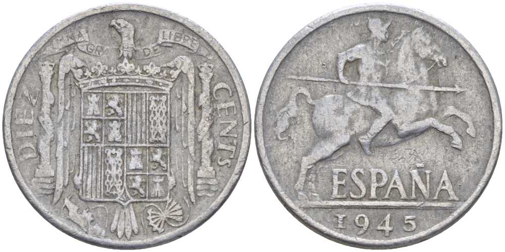 ИСПАНИЯ 10 СЕНТИМО 1945 РЫЦАРЬ НА КОНЕ KM 766 алюминий 119-912