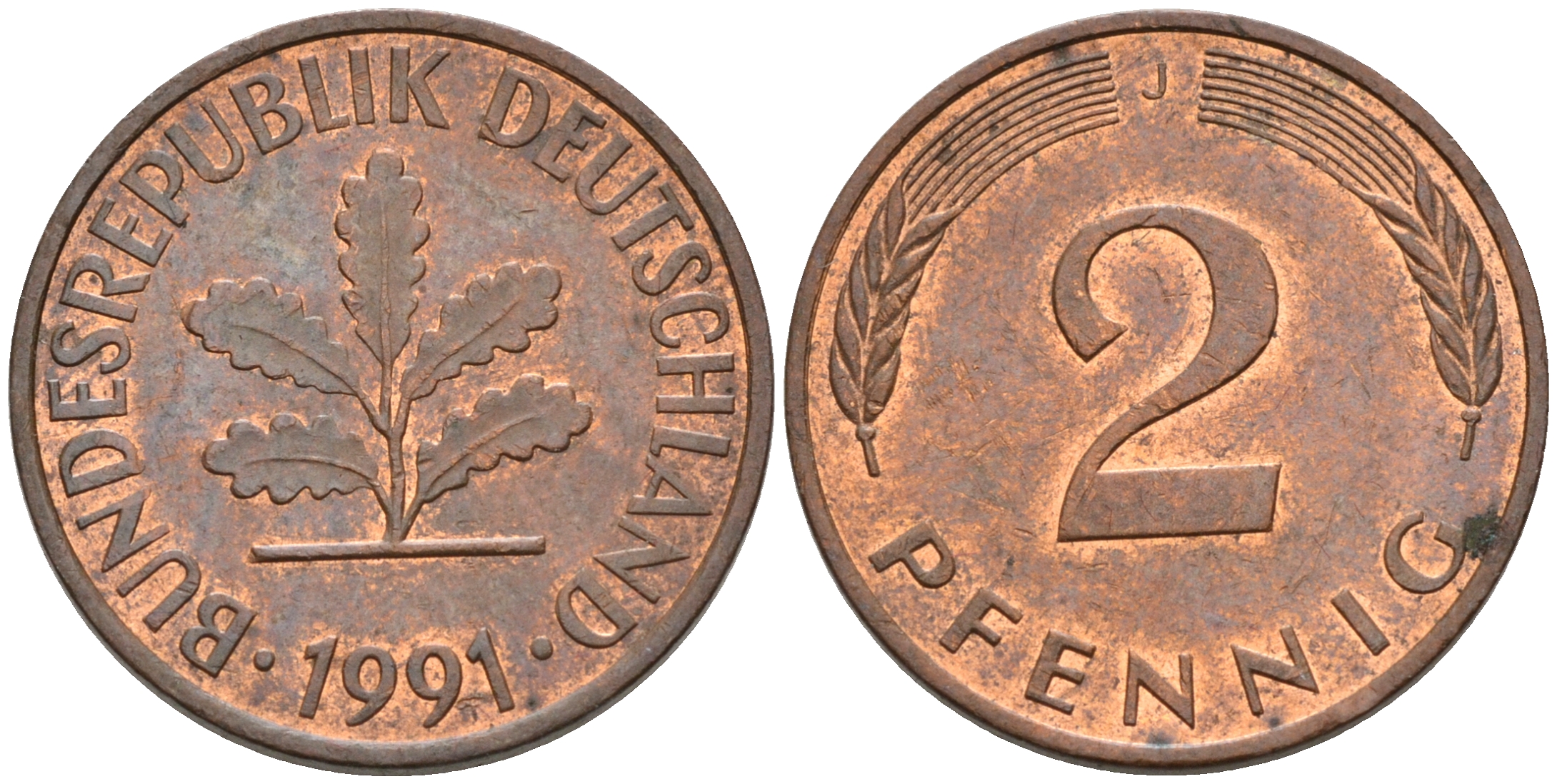 ФРГ 2 ПФЕННИГА 1991 J KM 106a, J.381a сталь плакированная сталь плакированная медьюю 75-449