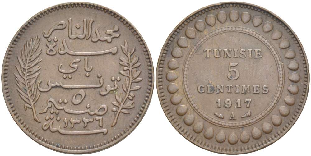 ТУНИС 5 САНТИМОВ 1917 АН1336, MUHAMMAD al-NASIR BEY KM 235 бронза 4523-817
