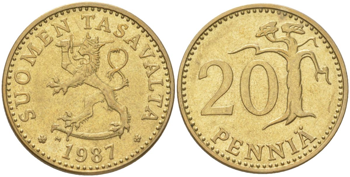Финляндия 20 пенни 1987 M KM 47 алюминиевая бронза aUNC 4613-1115