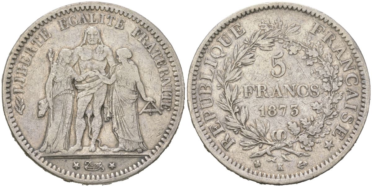 Франция 5 франков 1873 K, Геркулес KM 820 серебро 1066-2-51