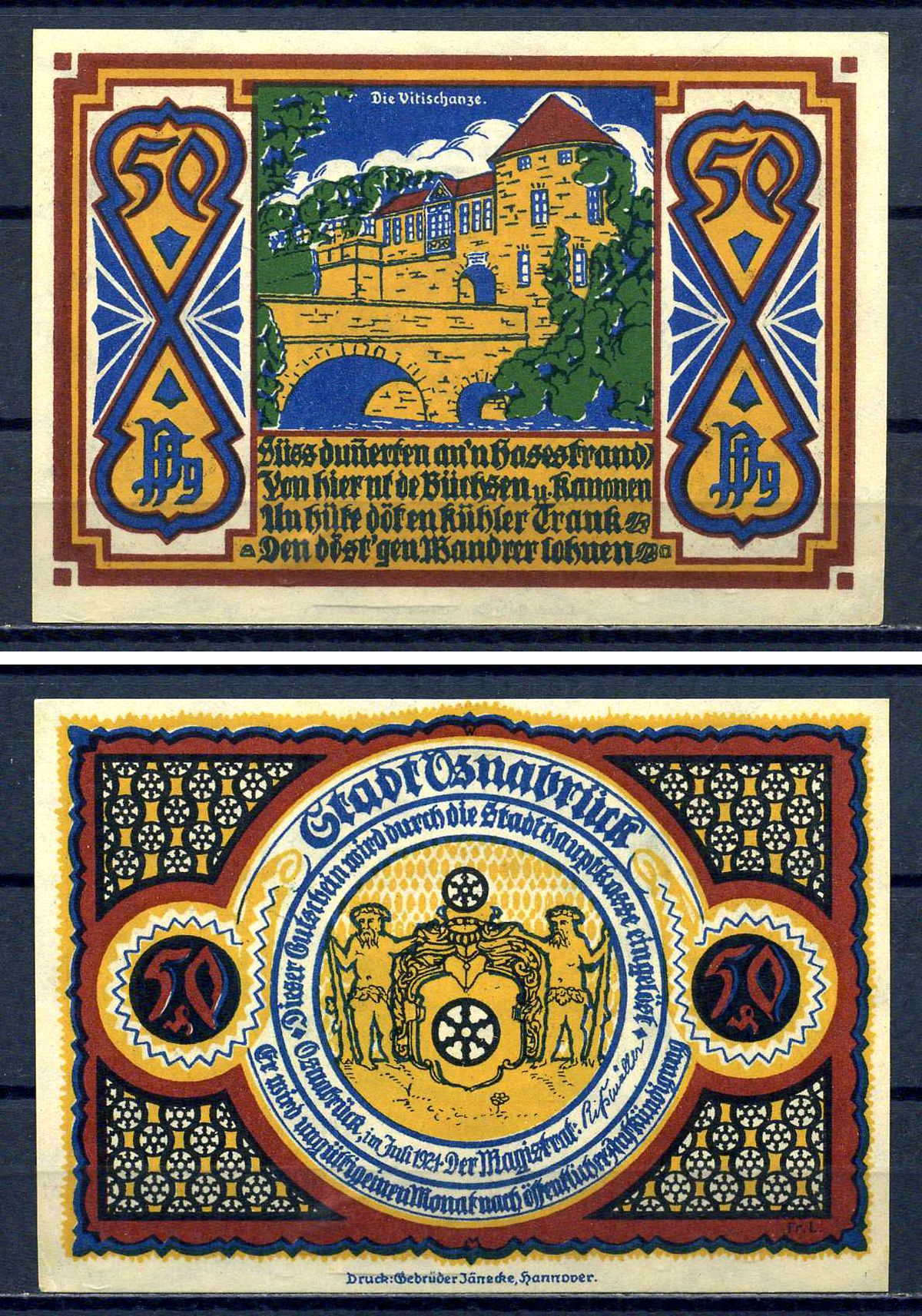 Оснабрюк 50 пфеннигов 1921 DeNG 1/2 1032.1-8/13
 бумага UNC (пресс) 7556-27-2-1