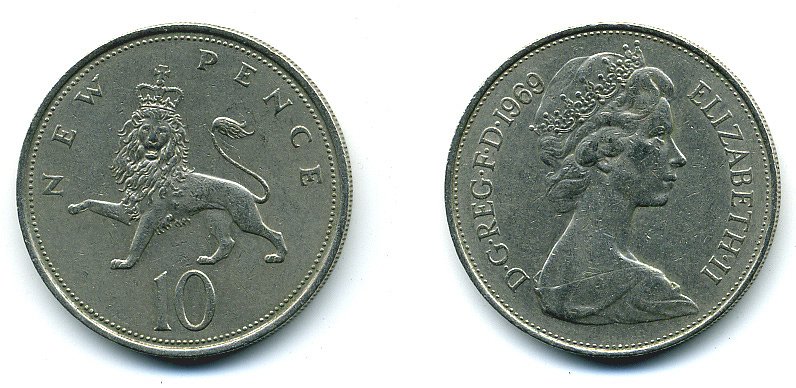 Великобритания 10 пенсов 1969 Елизавета II (1952-2022) KM 912, Spink 4231 (F1) медно-никель  4110-1226