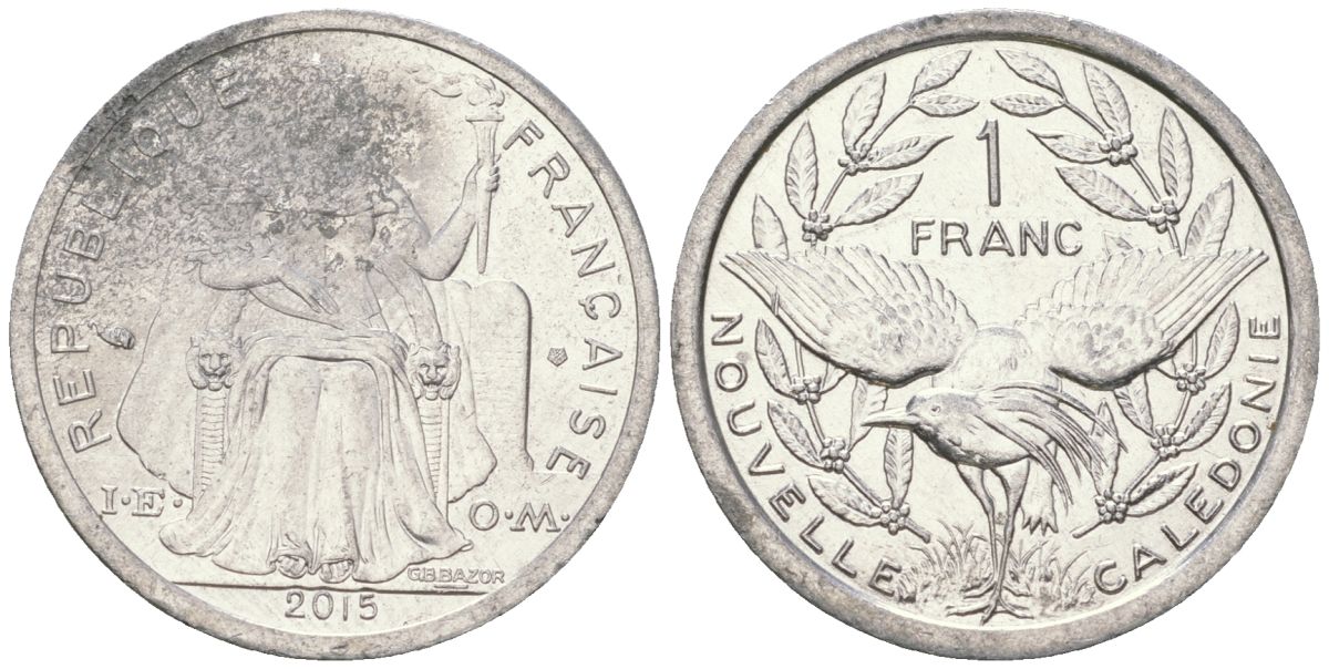 Французская Новая Каледония 1 франк 2015 птица кагу, (IEOM) KM 10, Schoen 10 алюминий 33-637