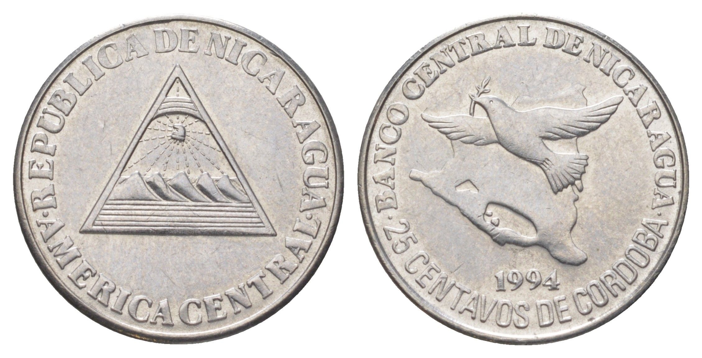 Никарагуа 25 сентаво 1994 голубь мира KM 82 хромированная сталь 4623-1228