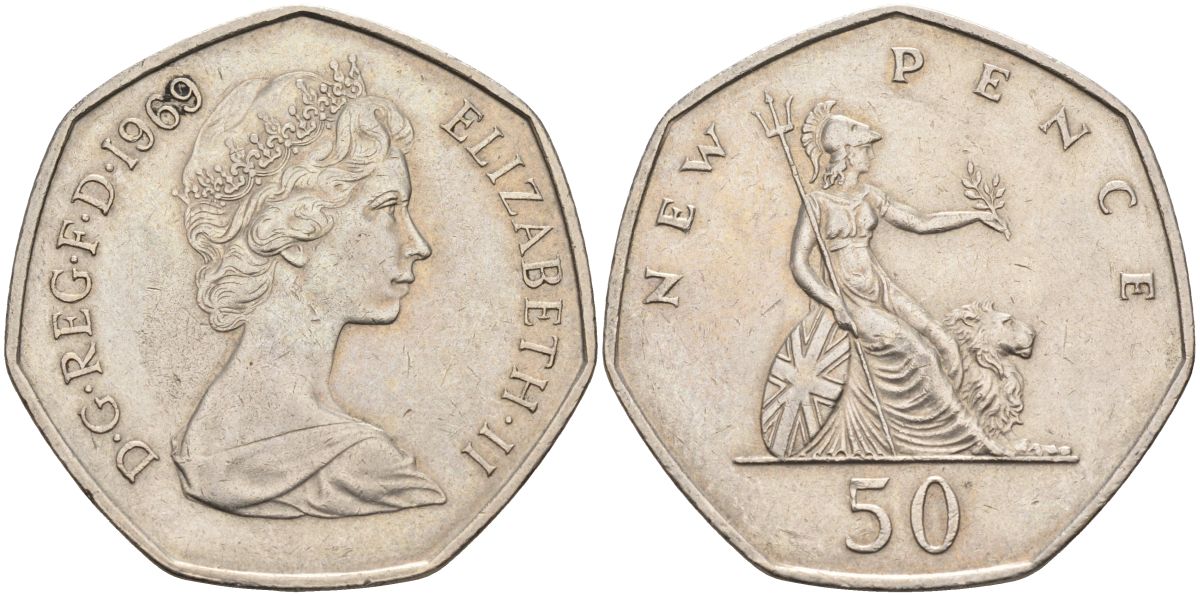 Великобритания 50 пенсов 1969 Елизавета II (1952-2022) KM 913, Spink 4223 (H1) медно-никель 4117-626