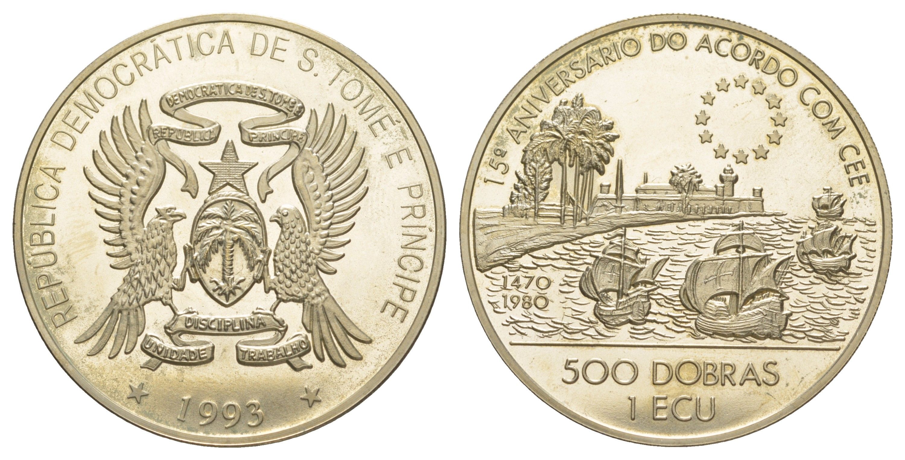Сан-Томе и Принсипи 500 добр - 1 экю 1993 15 лет Договору о Европейском союзе KM 67 хромированная сталь BU 1521-1245