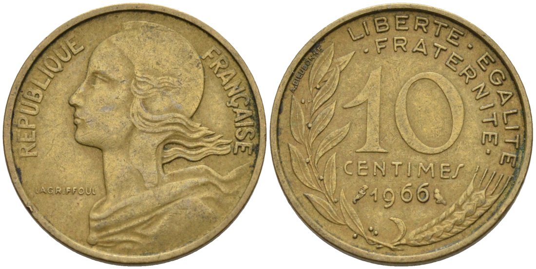 ФРАНЦИЯ 10 САНТИМОВ 1966 ТИП MARIANNE KM 929, LE FRANC 144.6 медь алюминий никель 4567-763