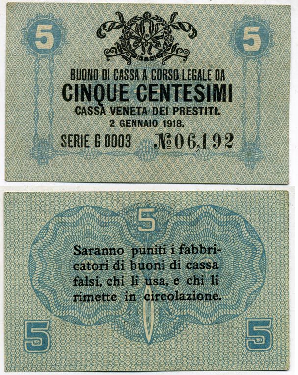 Италия 5 чентезимо 1918 военный выпуск Pick М1 бумага 3295-43-3-2
