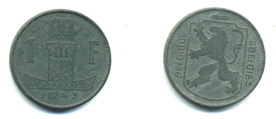 БЕЛЬГИЯ 1 ФРАНК 1943 BELGIQUE-BELGIE KM 127 цинк 25-417