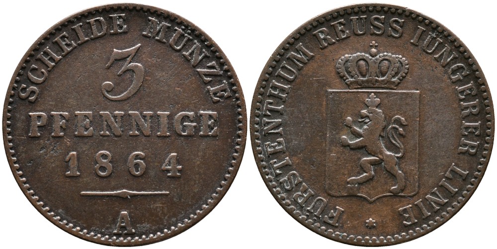 РЕЙС-ШЛЕЙЦ 3 ПФЕННИГА 1864 А, ГЕРЦОГ ГЕНРИХ LXVII (1854-1867) KM 70 медь 4529-712