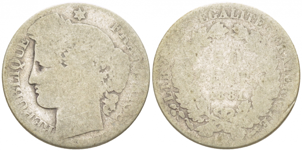 ФРАНЦИЯ 50 САНТИМОВ 1881 А, ТРЕТЬЯ РЕСПУБЛИКА (1871-1940) KM 834.1, LE FRANC 189.9 серебро 3309-131