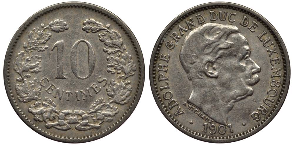 ЛЮКСЕМБУРГ 10 САНТИМОВ 1901 АДОЛЬФ (1890-1905) KM 25 медно-никель 4549-922