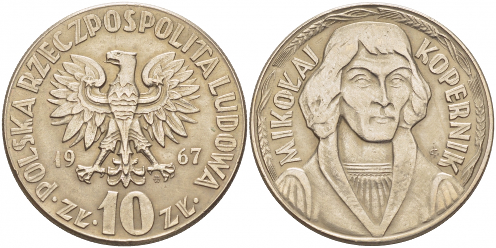 ПОЛЬША 10 ЗЛОТЫХ 1967 MW, НИКОЛАЙ КОПЕРНИК KM 51a медно-никель UNC 3856-1056