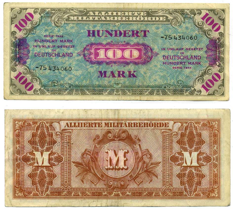 Германия, оккупация союзниками 100 марок 1944 8 цифр, без кода, выпуск СССР Pick 197 d, Розенберг 206 d бумага 8612-31-2-2