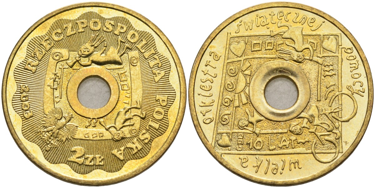 Польша 2 злотых 2003 MW, 10 лет великому оркестру рождественской помощи KM 446 нордик UNC 4586-1051