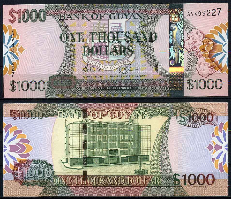 Гайана 1000 долларов ND (2011-2019) серия AV, здание Банка Гайаны Pick 38 (1) бумага UNC (пресс) 7202-8-1