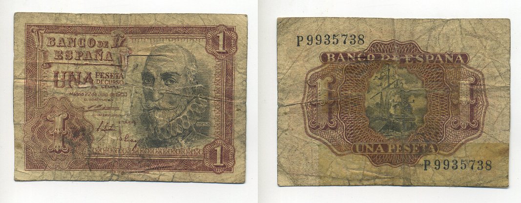 Испания 1 песета 1953 22 июля 1953, Мигель де Санта Круз Pick 144а бумага 7203-57-3