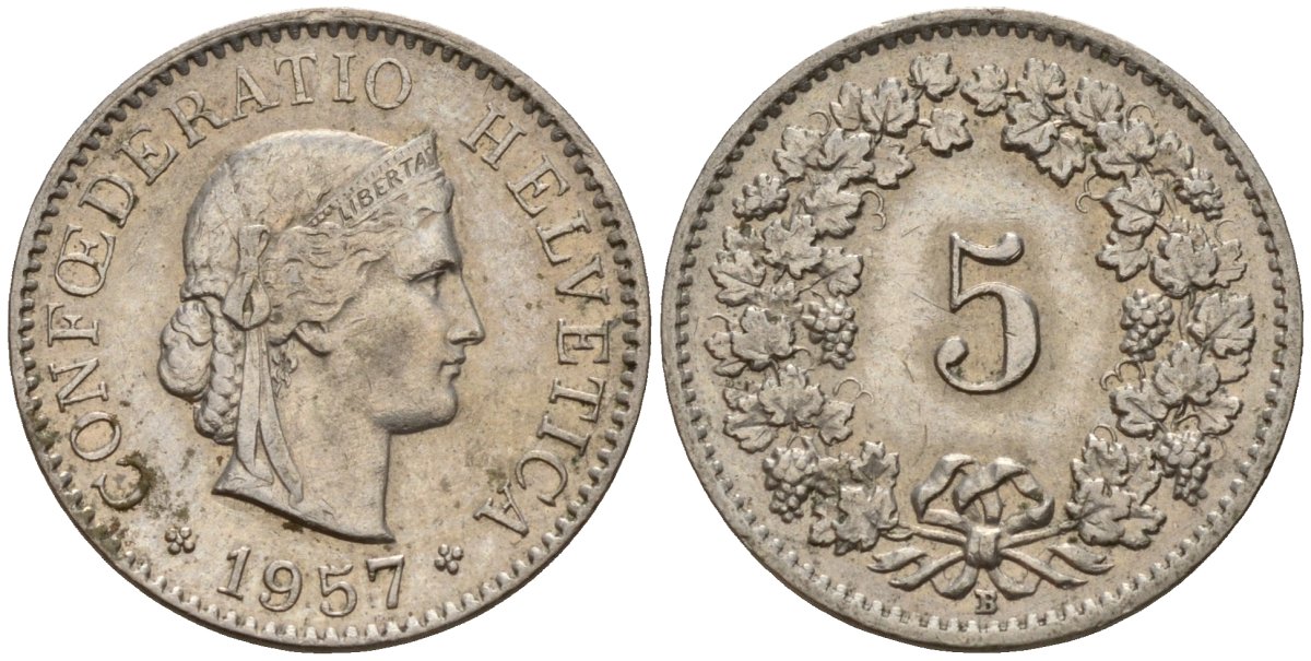 Швейцария 5 раппенов 1957 B KM 26 медно-никель 4189-329
