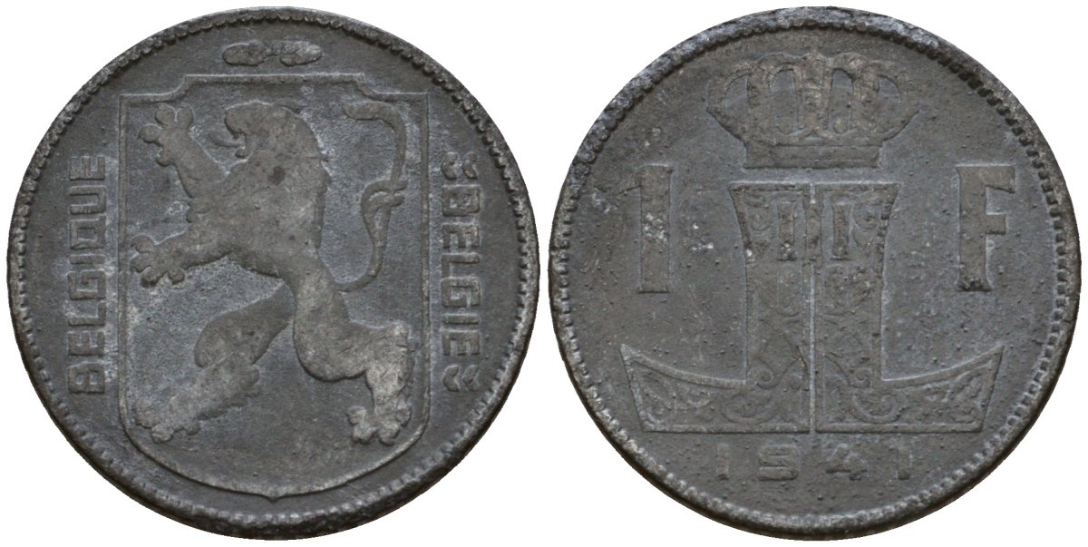Бельгия 1 франк 1941 Belgique - Belgie KM 127 цинк 65-142