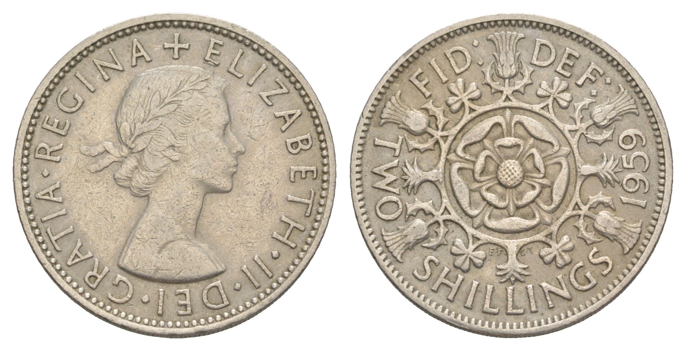 Великобритания 2 шиллинга (флорин) 1959 Елизавета II (1952-2022) KM 906, Spink 4146 медно-никель 4538-327