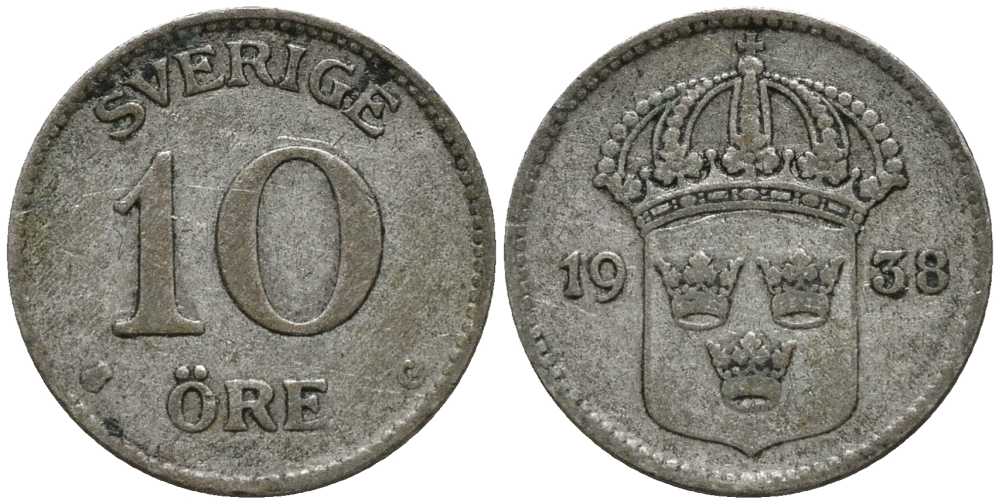 Швеция 10 эре 1938 G, Густав V (1907-1950) KM 780 серебро 201-1119