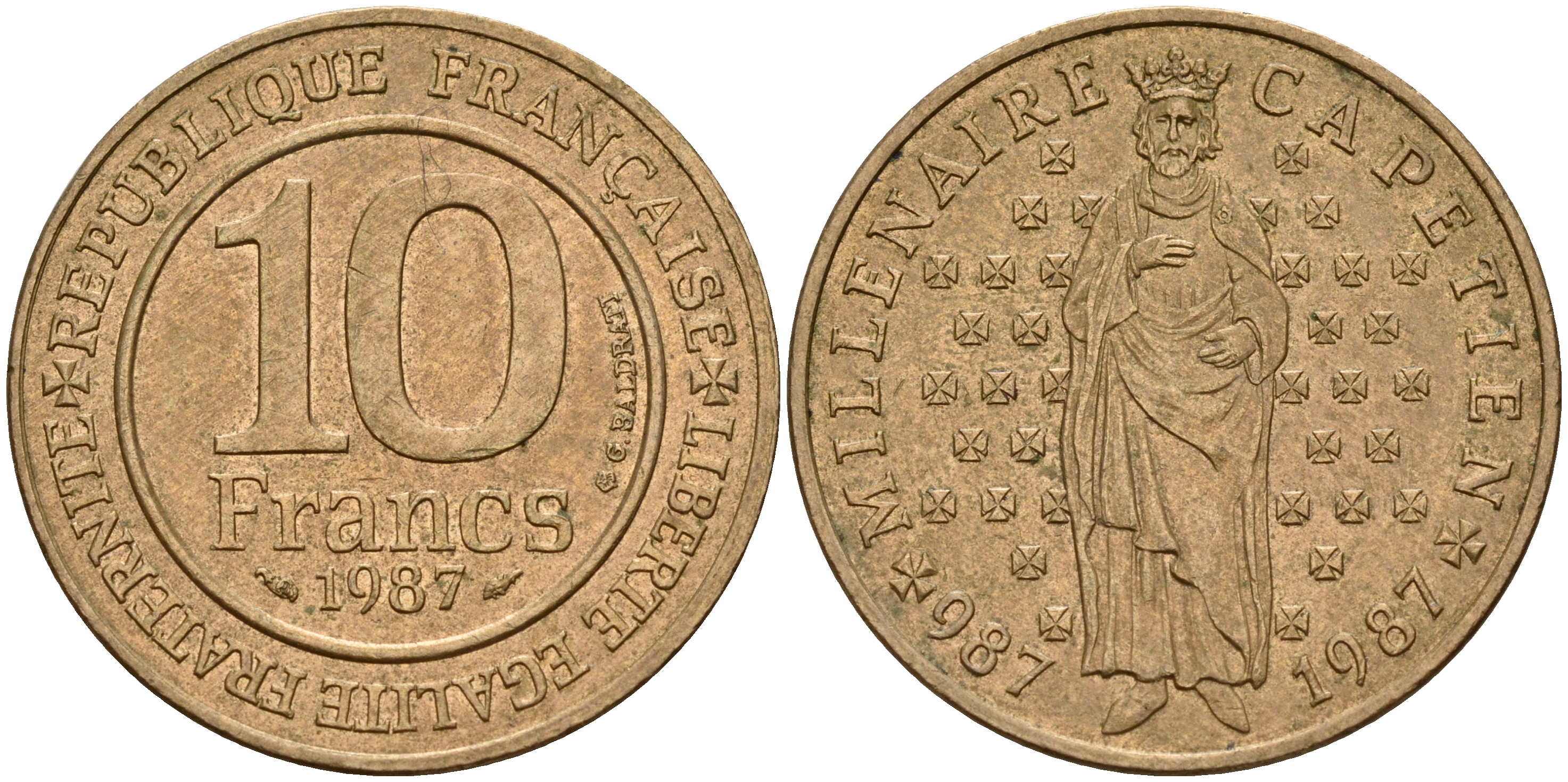 Франция 10 франков 1987 1000 лет первому королю Франции Гуго Капету KM 961 d, Le Franc 371.2 никелированная бронза    4601-924