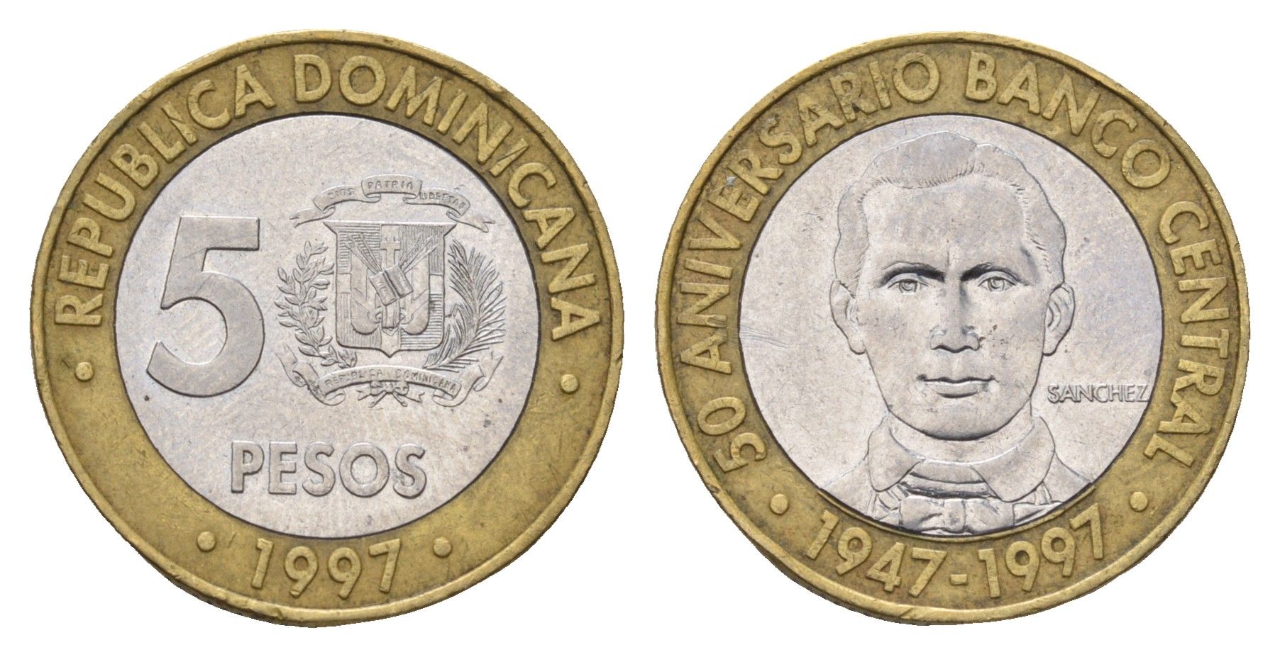 Доминикана (Доминиканская Республика) 5 песо 1997 50 лет Центробанку KM 88 биметалл 4695-1223