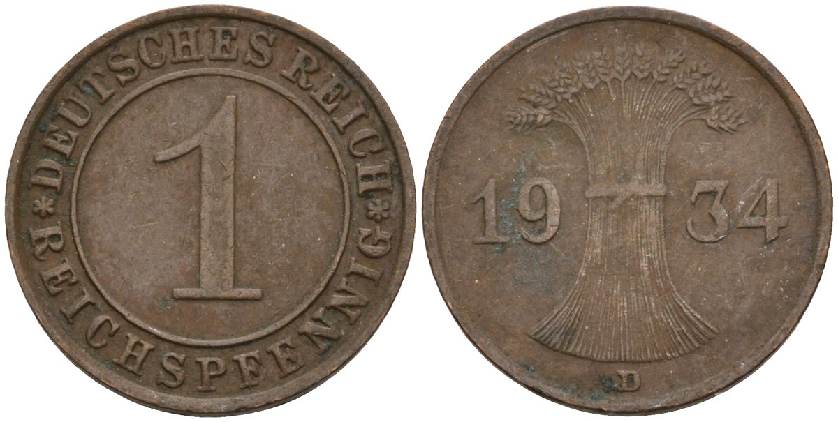 Германия 1 рейхспфенниг 1934 D KM 37, J. 313 бронза 4549-555