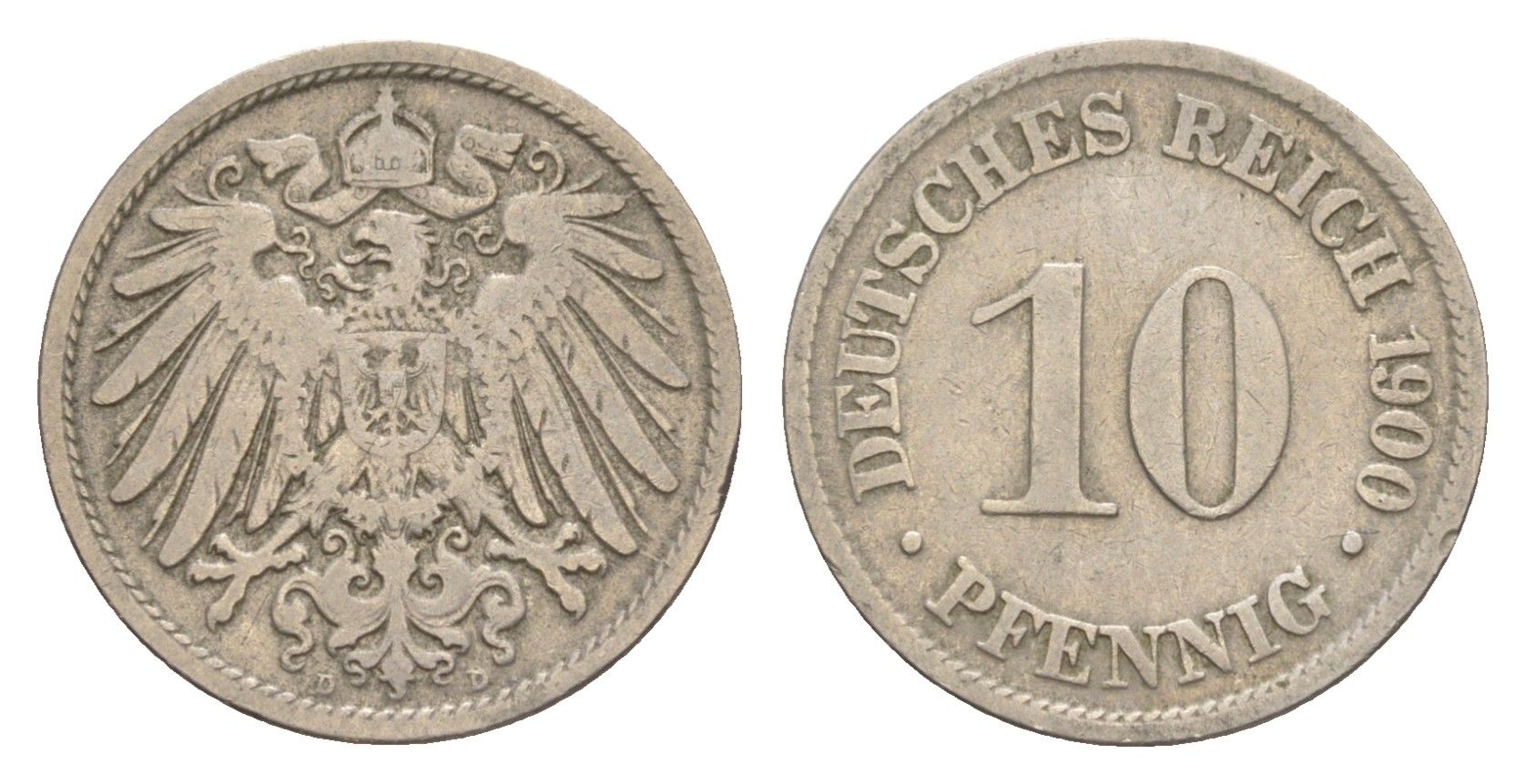 Германия 10 пфеннигов 1900 D, Вильгельм II (1888-1918) KM 12, J. 13 медно-никель 4640-245