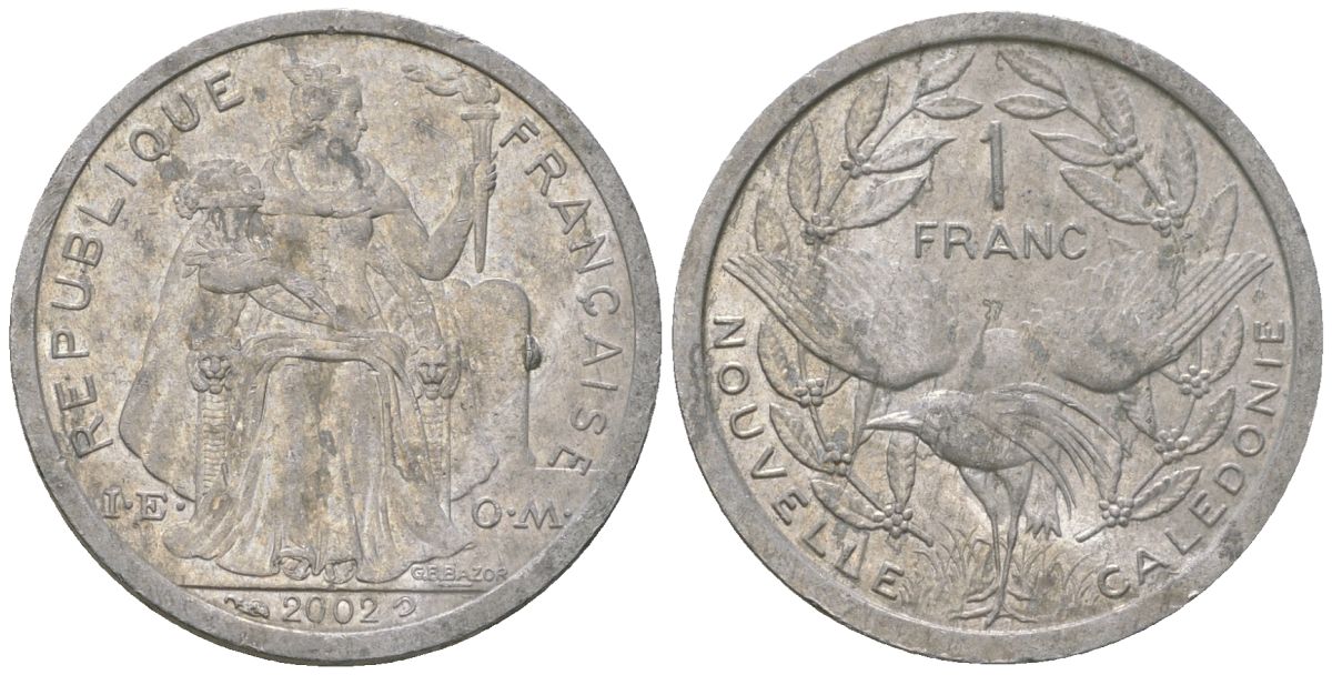 Французская Новая Каледония 1 франк 2002 птица кагу, (IEOM) KM 10, Schoen 10, Lec 52g алюминий 45-1045