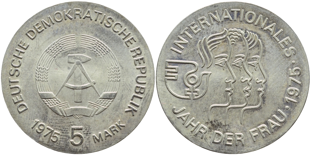 ГДР 5 МАРОК 1975 А, МЕЖДУНАРОДНЫЙ ГОД ЖЕНЩИН КМ 55 медно-никель UNC 4394-216