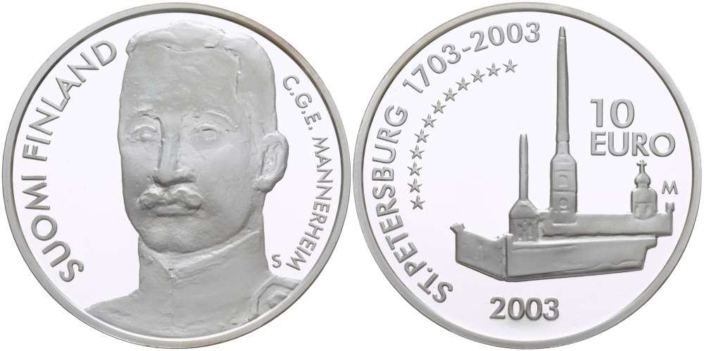 Финляндия 10 евро 2003 S-M, Карл Маннергейм, 300 лет основания Санкт-Петербурга, Петропавловская крепость KM 112 серебро PROOF 1085-9-43