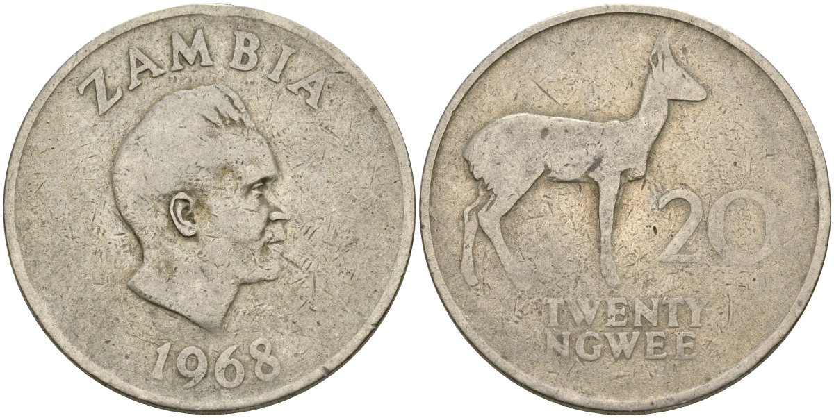 Замбия 20 нгве 1968 Кеннет Каунда, редунки KM 13 медно-никель 4162-423