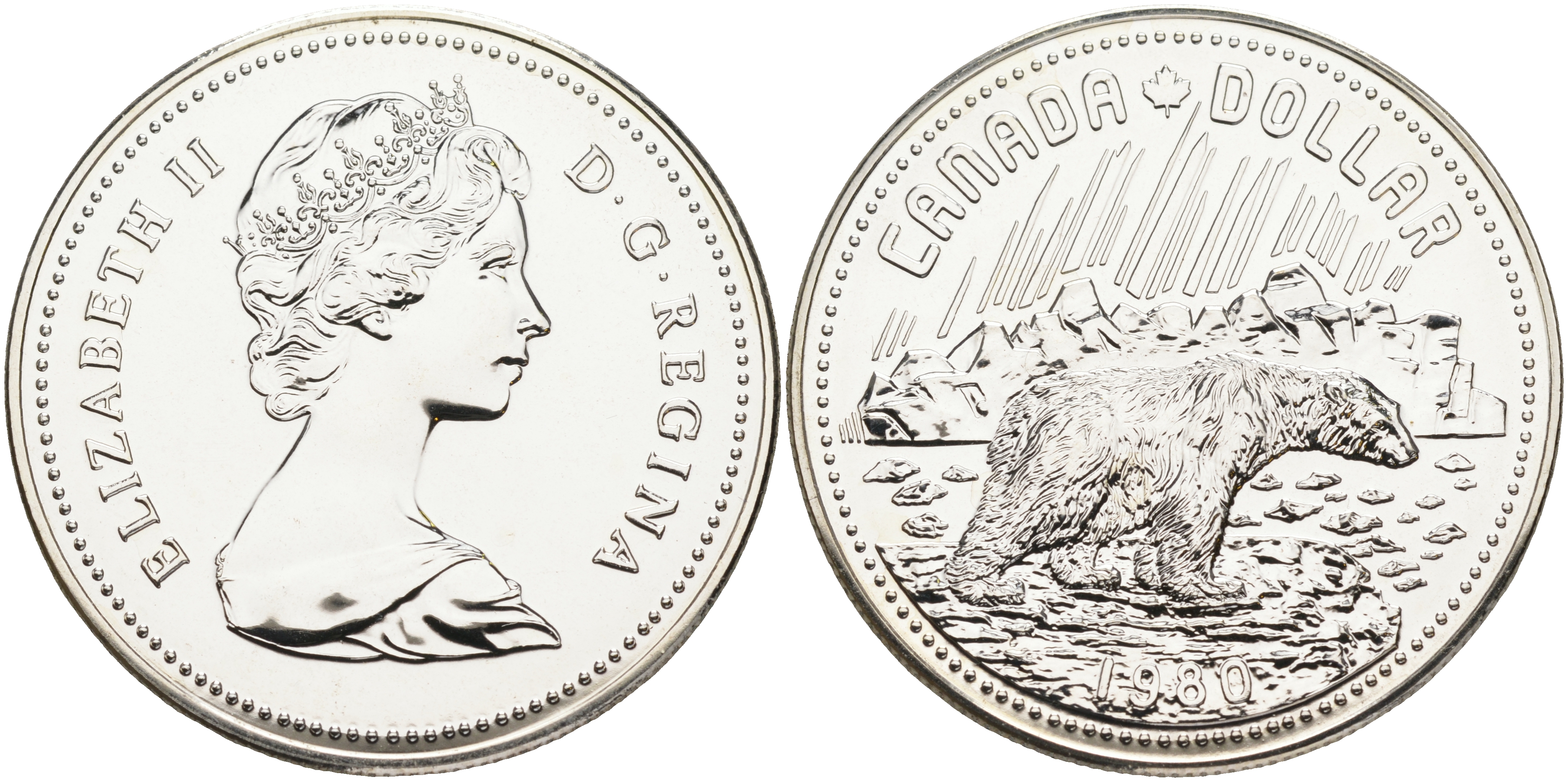 Канада 1 доллар 1980 Арктические территории, полярный медведь KM 128 серебро UNC 1091-9-21