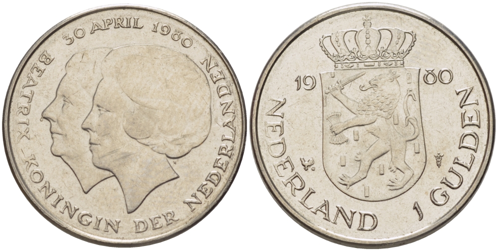 Нидерланды 1 гульден 1980 на коронацию Беатрикс, 30 апреля 1980 KM 200 никель 31-846