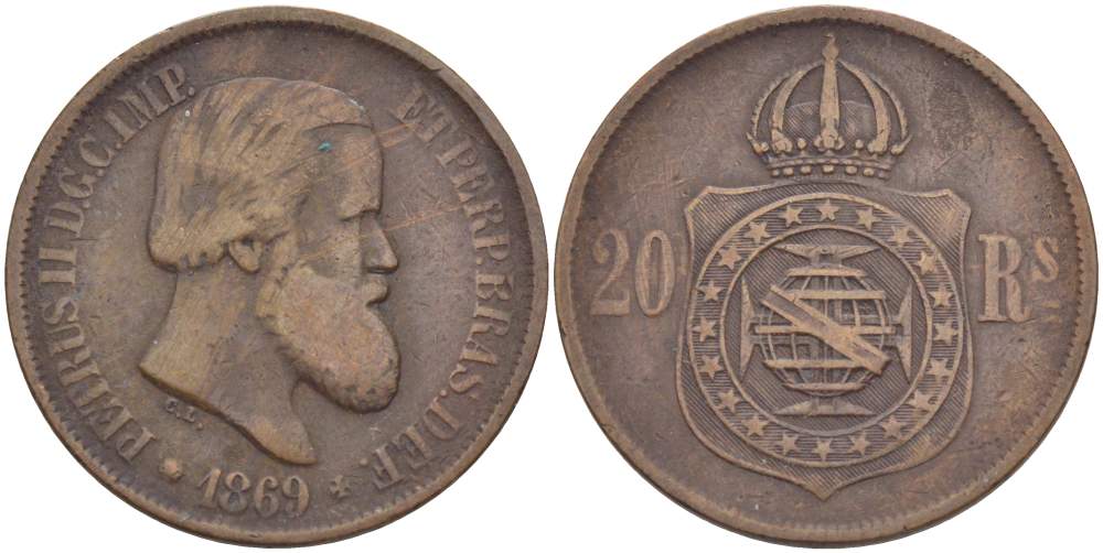Бразилия 20 рейсов 1869 Педро II (1831-1889) KM 474 бронза 4529-443