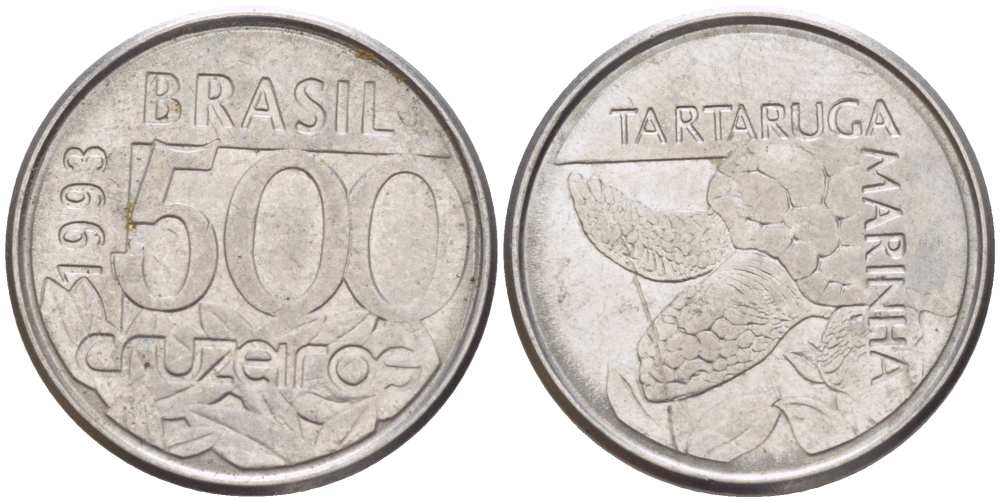 Бразилия 500 крузейро 1993 морская черепаха KM 624 нержавеющая сталь 26-561