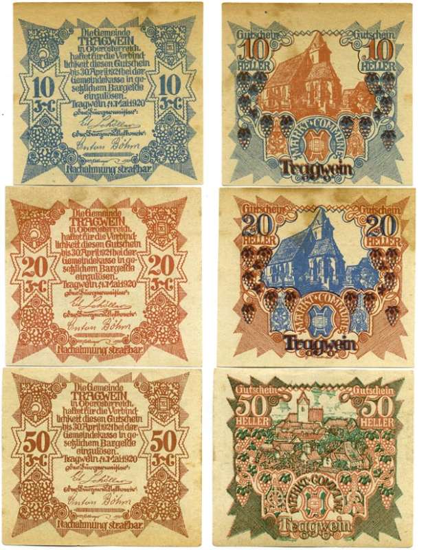 Австрия, Трагвайн набор из 3 банкнот 10, 20, 50 геллеров 1920 4 мая 1920, нотгельд, коммуна в земле Верхняя Австрия   бумага  UNC (пресс) 7555-30-1-2