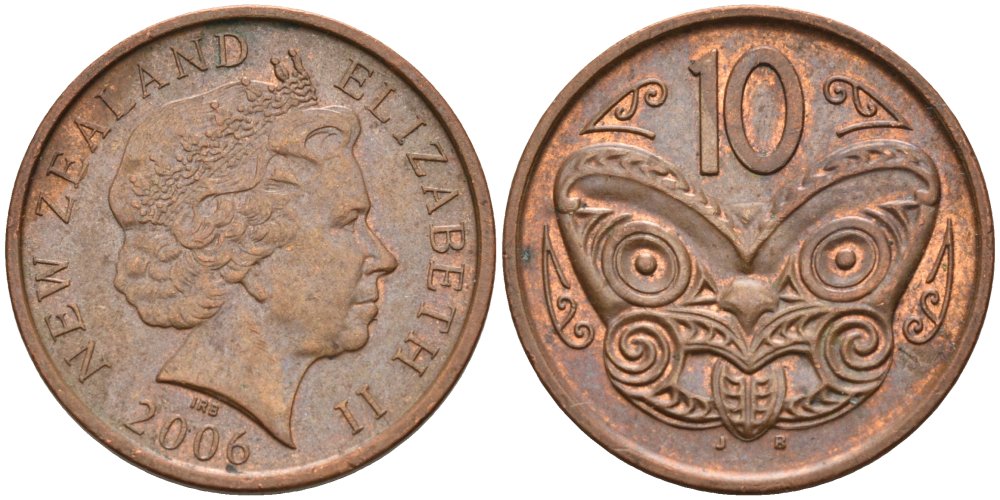 Новая Зеландия 10 центов 2006 маска Маори, Елизавета II (1952-) KM 117а сталь плакированная медью 186-441