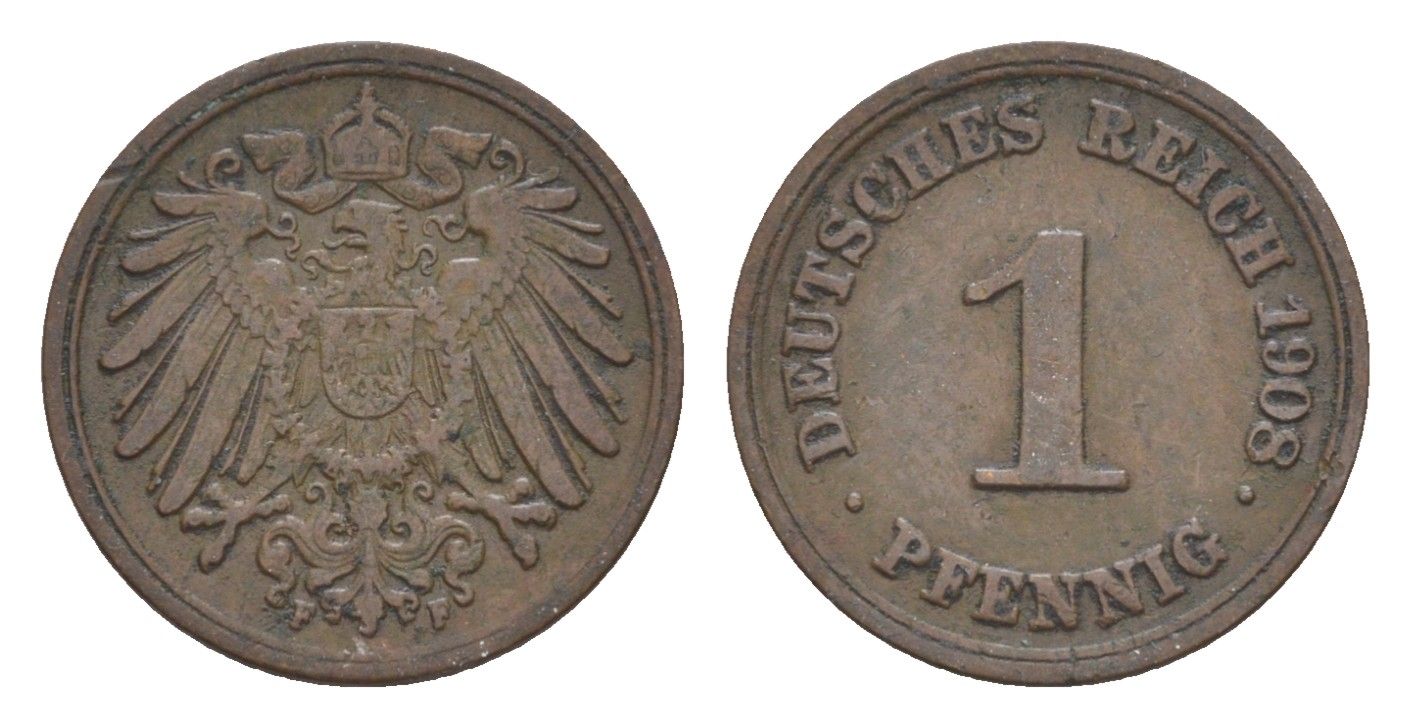 Германия 1 пфенниг 1908 F, Вильгельм II (1888-1918) KM 10, J. 10 медь 4639-1136