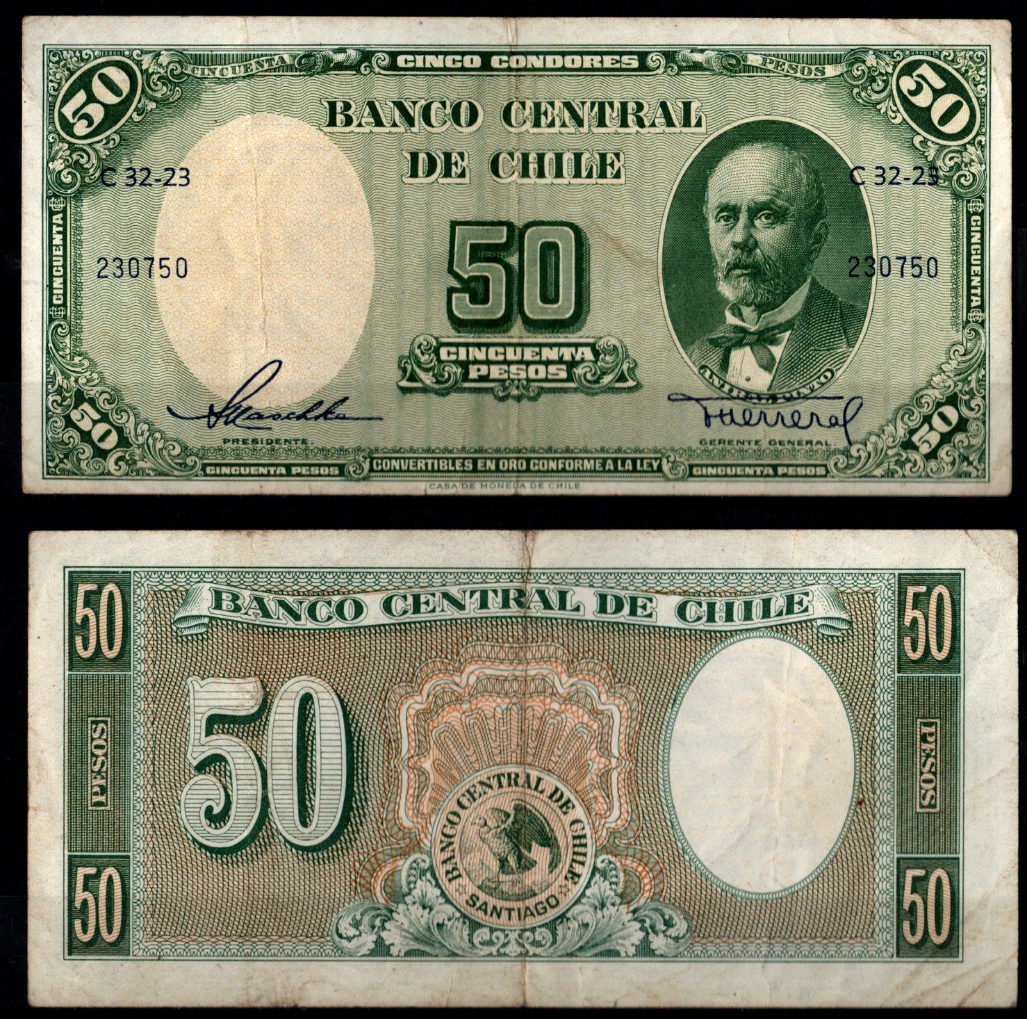 Чили 50 песо ND (1958-1959) Pick 121 a бумага 8605-25-3-1