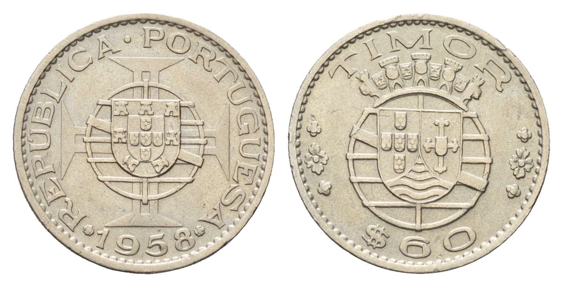 Португальский Тимор 60 сентаво 1958 год-тип KM 12 медь цинк никель 4669-749