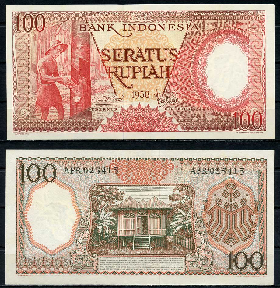 Индонезия 100 рупий 1958 лесоруб на плантации Pick 59 бумага UNC (пресс) 446-80-3