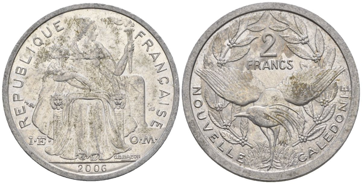 Французская Новая Каледония 2 франка 2006 птица кагу, (IEOM) KM 14, Schoen 11, Lec 68k алюминий    29-116