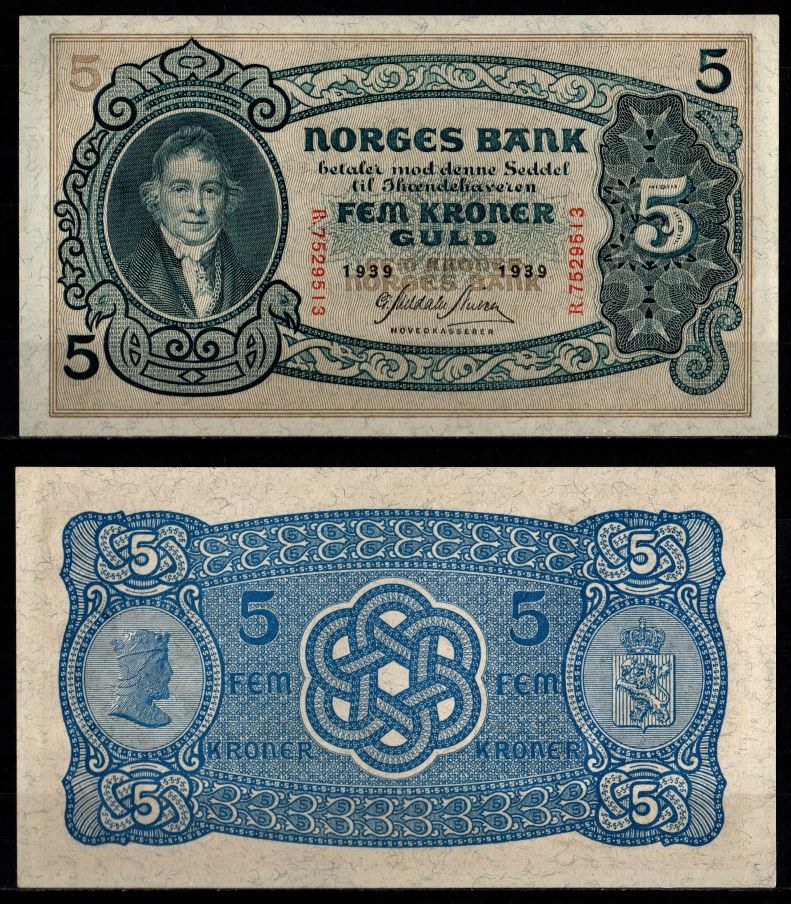 Норвегия 5 крон 1939 Вильгельм Фриман Корен Кристи (1-й председатель норвежского парламента) Pick 7 c бумага aUNC 451-1226-3