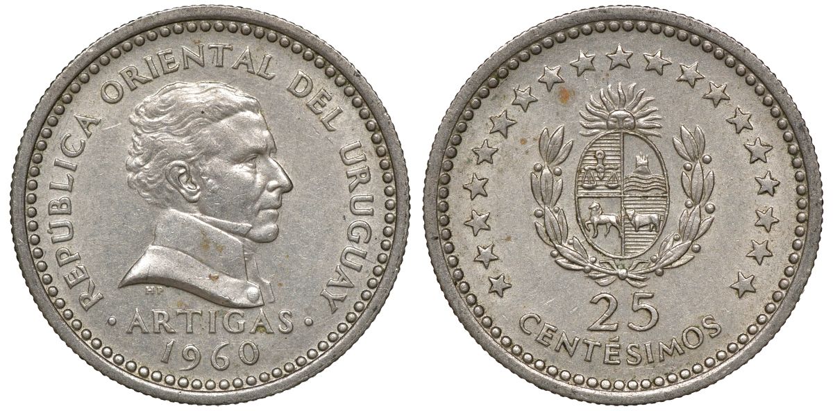 Уругвай 25 сентесимо 1960 KM 40 медно-никель 4169-1026